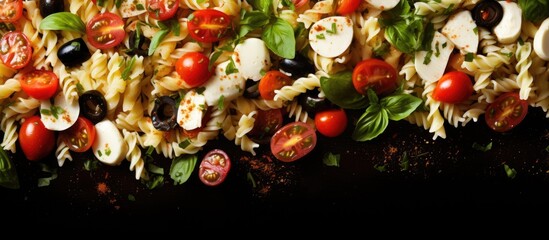 Sticker - Italian food background with a copy space image featuring a pasta salad adorned with mozzarella olives and tomatoes