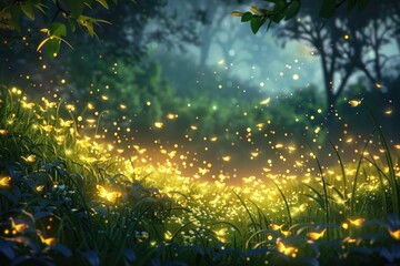 Poster - A field full of yellow fireflies flying through the air. Suitable for nature and summer themed projects