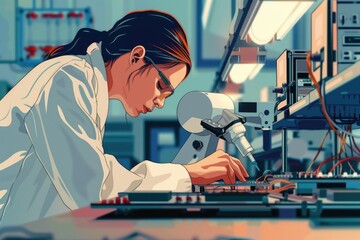 Poster - Woman in lab coat examining sample with microscope, suitable for science and research concepts
