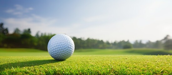 Poster - A golf ball sits on a tee against the backdrop of the golf course providing ample room for any desired image or text
