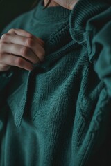 Poster - Close up of a person wearing a green sweater, suitable for various design projects