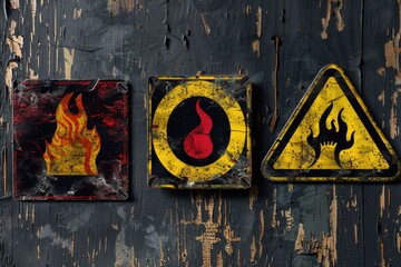 Poster - Three warning signs on a wooden surface. Ideal for safety and caution concepts