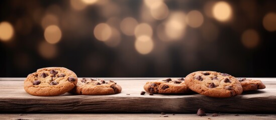 Fototapete - A wooden table with chocolate cookies providing empty space for text or captions. Creative banner. Copyspace image