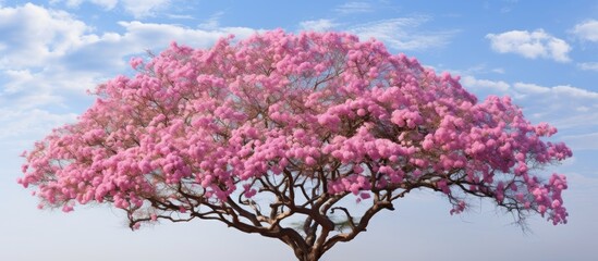 Aufkleber - A copy space image of the Tabebuia rosea also known as the rosy trumpet tree is set against a backdrop of pink flowers and a blue sky