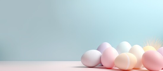 Leinwandbilder - A copy space image featuring pastel colored Easter eggs with a blank white label on a holiday themed background