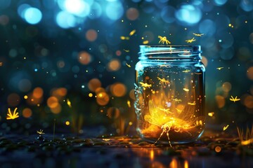 Poster - Glowing fireflies in a jar, perfect for nature themes
