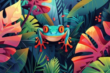 Sticker - A frog sitting on top of a leaf in a lush forest. Suitable for nature and wildlife themes