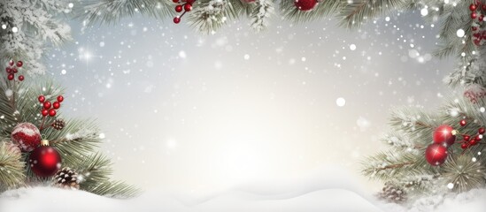Poster - A festive Christmas background with a decorative ribbon frame snowy fir branches and ample copy space for your design