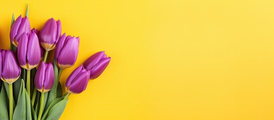 Aufkleber - A copy space image of a vibrant bouquet of purple tulips on a bright yellow background perfect for any occasion