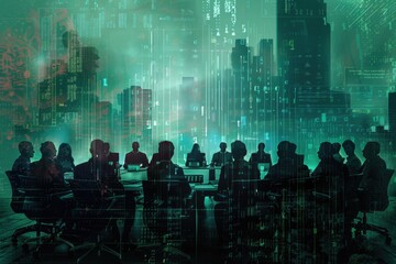 Poster - Group of people sitting at table with city background. Suitable for business meetings or urban lifestyle concepts