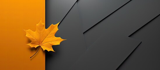 Aufkleber - A yellow and grey geometric background with a single orange fallen maple leaf providing ample copy space