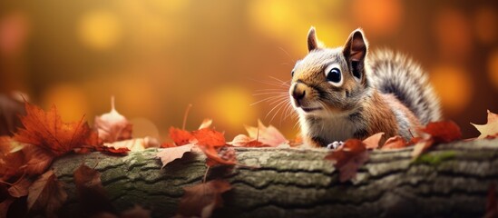 Poster - Autumn leaves surround a squirrel in the scene of a copy space image