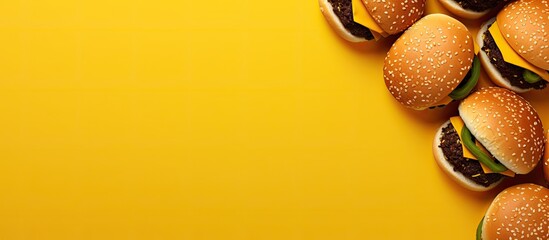 Poster - A top view of burgers on a yellow background with plenty of copy space available for additional images or text
