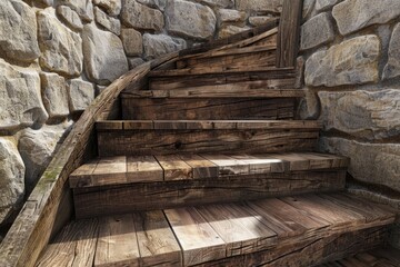 Poster - A set of wooden steps leading up to a stone wall, suitable for architectural and construction concepts
