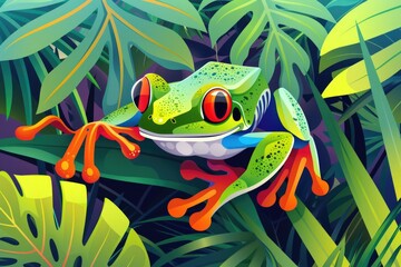 Aufkleber - A frog sitting on top of a leaf covered tree. Suitable for nature and wildlife themes