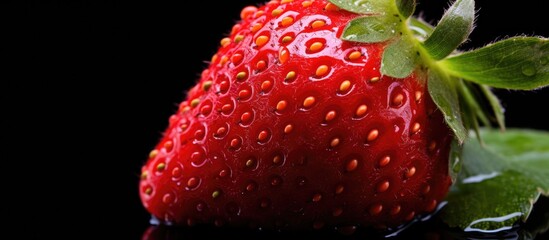 Wall Mural - A macro photograph of a strawberry up close against a black backdrop showcasing the vibrant details of the berry Copy space image