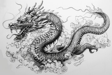 Poster - Detailed black and white drawing of a dragon, perfect for fantasy themes