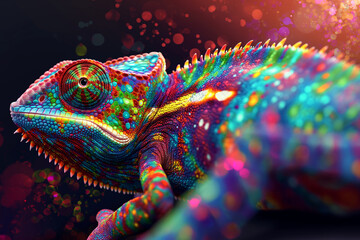 Wall Mural - Colorful chameleon, close up detailed photography. Beautiful and cute reptile in vibrant colors. Tropical and exotic wildlife portrait of  a lizard on a branch.