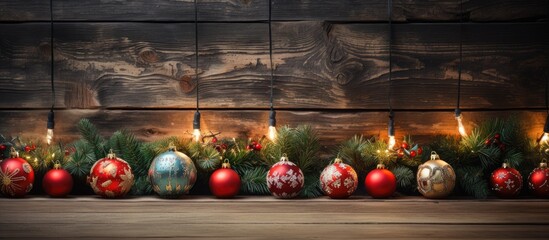 Poster - A festive arrangement of Christmas ornaments adorns a rustic wooden backdrop creating a captivating copy space image
