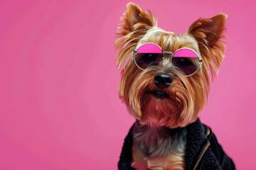 Aufkleber - Cute small dog wearing sunglasses on a pink background. Perfect for pet lovers and summer themes