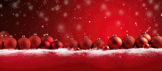 Poster - A festive scene with Christmas balls and snowflakes against a vibrant red backdrop offering ample space for a captivating image