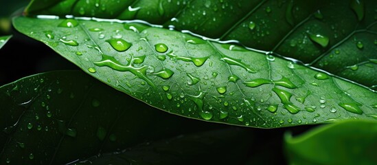 Leinwandbilder - Copy space image of a dew covered green leaf