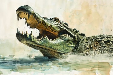 Poster - A realistic painting of a crocodile with its mouth wide open. Perfect for educational materials or wildlife-themed projects