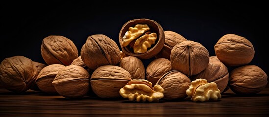 Poster - A side view copy space image of walnuts in their shells resting on a black surface against a background of nutritious nuts and seeds