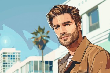 Poster - A man in a brown jacket standing in front of a building. Suitable for business and urban themes
