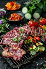 Poster - Assorted meats and vegetables cooking on a grill. Perfect for food and cooking concepts