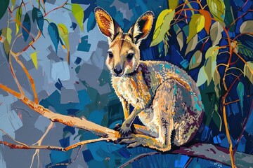 Aufkleber - A kangaroo sitting peacefully on a tree branch. Suitable for wildlife and nature themes