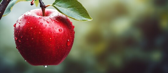 Poster - Close up of a red ripe apple hanging from a branch in the garden with copy space image