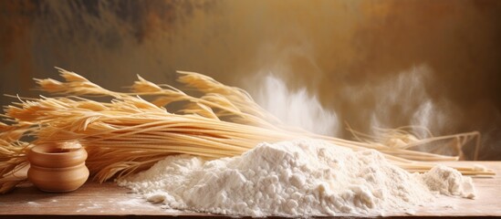 Poster - A copy space image of uncooked pasta noodles in the form of nests alongside flour and seasonings placed on a table
