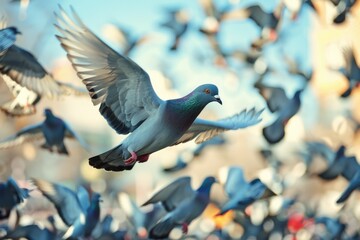 Poster - A flock of pigeons flying in the sky, perfect for nature and wildlife themes