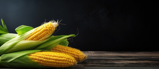 Poster - A photo of organic sweet corn on a kitchen table with a dark gray textured background providing ample copy space