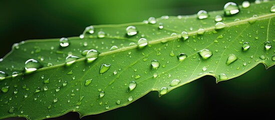 Aufkleber - A green leaf adorned with glistening water droplets creating a captivating copy space image