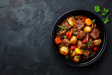 Canvas Print - Beef and vegetable stew in black bowl with roasted baby potatoes Dark background top view copy space