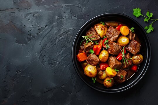 Beef and vegetable stew in black bowl with roasted baby potatoes Dark background top view copy space