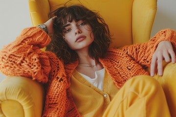 Fashionable Woman Lounging on a Yellow Armchair