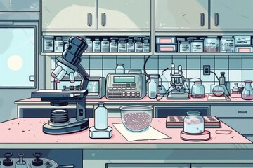 Poster - A kitchen with a microscope on the counter. Ideal for scientific and educational concepts