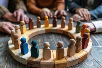 Wall Mural - Group of people sitting around a wooden circle, suitable for team building activities