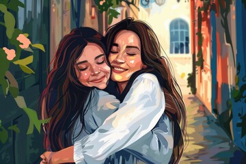 Poster - A touching image of two women embracing. Suitable for various projects