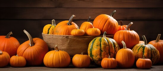 Poster - A copy space image of fall pumpkins neatly arranged in a rustic straw basket