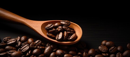 Aufkleber - A close up image of coffee beans alongside a wooden spoon set against a dark background providing ample space for copy or text