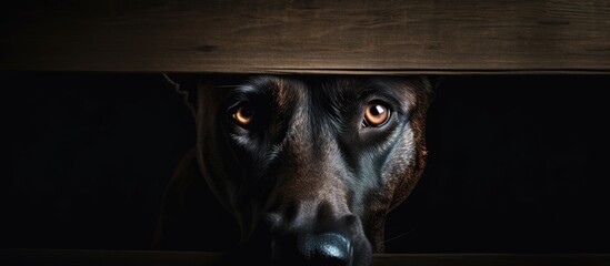 Poster - In a dimly lit room there is a striking dog with captivating mismatched eye colors Ample space is available for copy