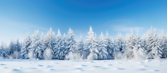 Fototapete - A picturesque winter forest with snow covered pine trees and a clear blue sky offering a beautiful copy space image