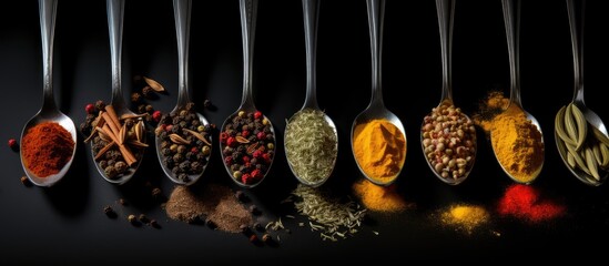 Poster - Different kinds of spices are displayed on old metal spoons against a black background in this copy space image