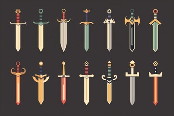 Set of simple, colorful sword icons representing legal battles on a dark background, suitable for logos, apps, and web design