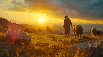 Aufkleber - A man standing in a field surrounded by a herd of sheep. Suitable for agricultural and farming concepts