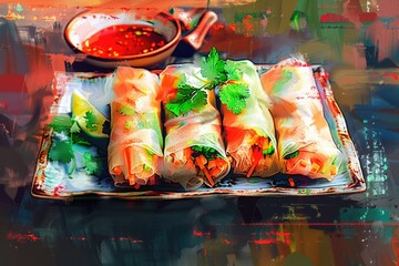 Poster - A delicious plate of food with dipping sauce, perfect for food blogs or restaurant menus